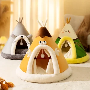 Thickened warm tent cat bed for autumn and winter, suitable for small dogs, cute triangular dog bed, yurt-style pet bed