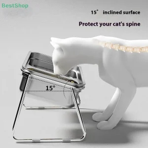 ♥Stainless Steel Double Compartment Pet Feeding Bowl Slanted Anti Cervical Spondylosis For Cats And Dogs Dual Use Feeder