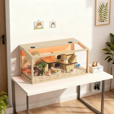 60/80CM Hamster Cage Chewproof Wooden Guinea Pig Cages Habitat House Tempered Glass Panels Built-in LED Light