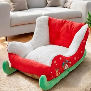 Christmas Decorations Sled Shaped Dog Bed Santa Pets Bed Festive Plush Cozy Cat Nest Christmas Themed Pet doggy Sleeping Bed