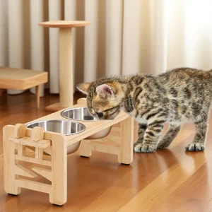 Adjustable Heightened Cat Bowl Stand for Small Dogs and Cats, Sturdy Wooden Pet Food Feeder with 2 Stainless Steel Bowls