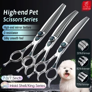 Fenice King Series 7/7.5Inch VG10 Shell Bearing Screws Dog Trimming Grooming Straight Curved Thinner Chunker Pet Scissors Tools
