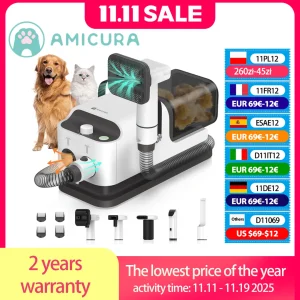 Amicura P1 Vacuum Cleaner & Hair Dryer 15kpa, Pet Grooming Set Adjustable Speed and Temperature, 5 Proven Care Tools Dog Clipper