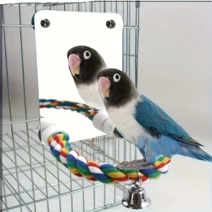 Interactive parrot mirror toy with chewable rope habitat - bird play station for cages