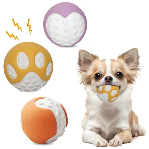 3Pcs Squeaky Dog Toy Balls with Paw/Heart/Bone Emboss, Dog Teething Chew Toys, Natural Latex Dental Care Interactive pet Toys