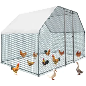 Large Chicken Coop, Metal Poultry Cage for Chicken Run, Walk-in Flat-roof Chicken Pen with Waterproof & Anti-UV Cover Outdoor