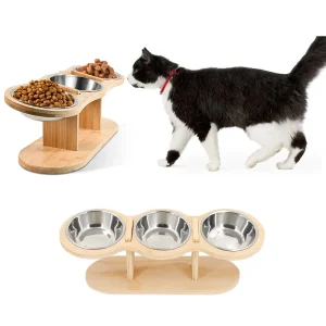 Tilt Raised Cat Bowl Dog Bowl Three Slot Wooden Tilt Pet Bowl with Stand 3 Stainless Steel Bowls for Cats and Puppies Small Dogs