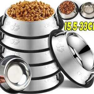 Stainless Steel Dog Cat Food Bowl Pets Quality Metal Pawprint Feeder Non-slip Pet Feeding Container with Rubber Base Accessories